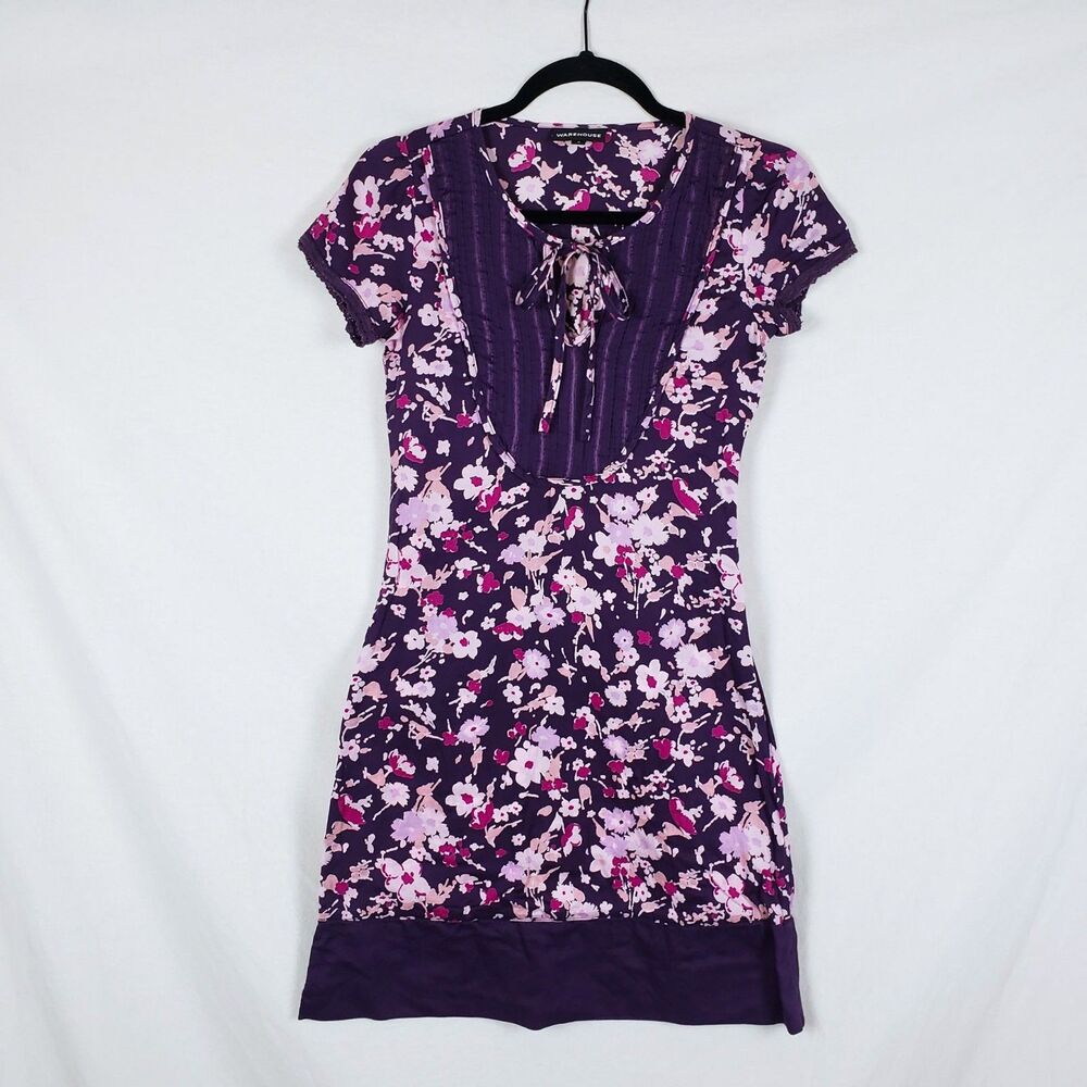 Warehouse Twee Indie Floral Dress Womens 4 Purple Pintuck Y2K Cotton